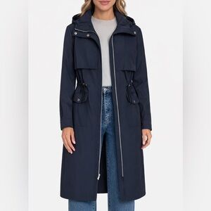 NOIZE Navy Hooded Raincoat Adjustable Waist Lightweight Trench S
